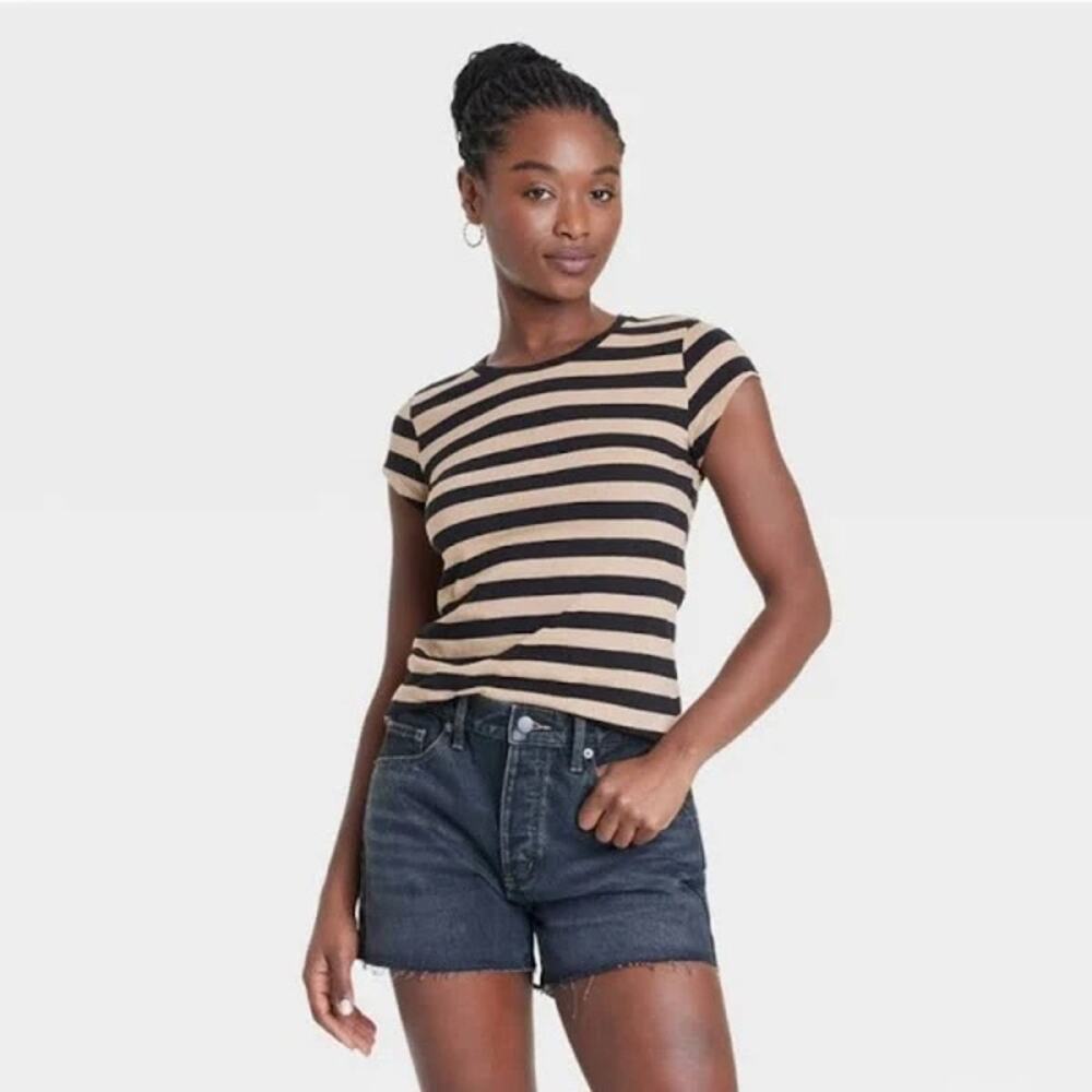 UNIVERSAL THREAD New Black Tan Striped Fitted Short Sleeve Tee Size XL